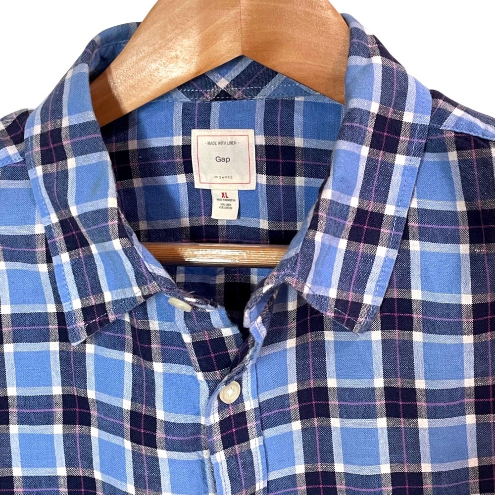 Gap Mens XL Linen Blend Plaid Long Sleeve Button Down Shirt Blue Purple Check